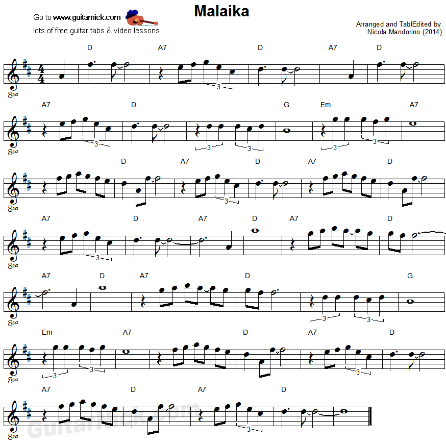 Malaika - easy guitar sheet music