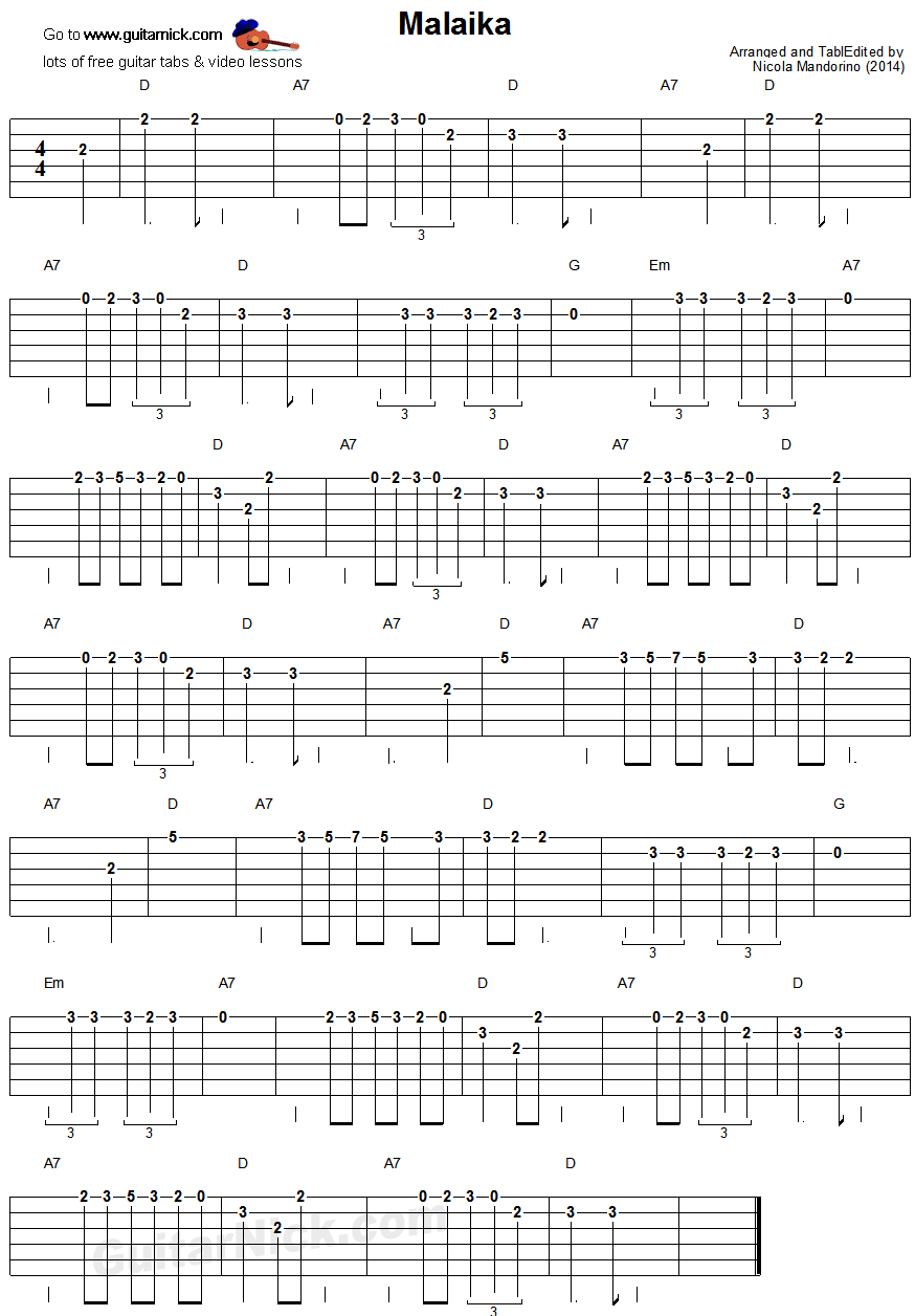 Malaika - easy guitar tablature