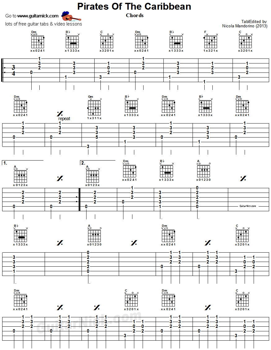 Pirates Of The Caribbean - guitar chords chart 1