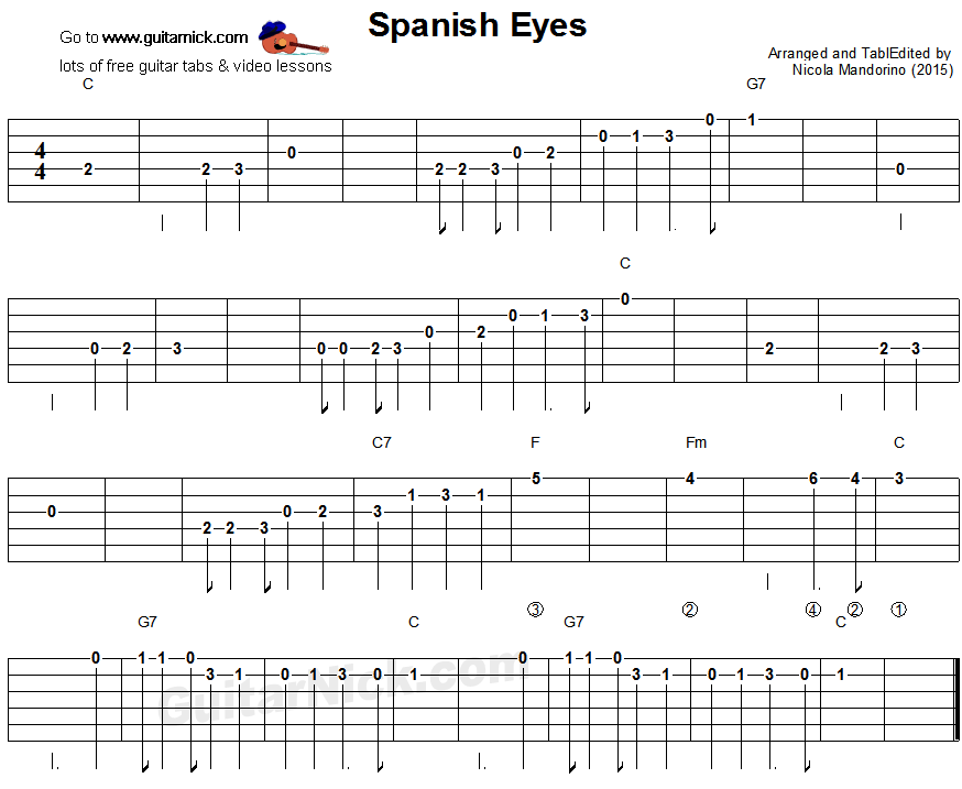 SPANISH EYES: Easy Guitar Tablature