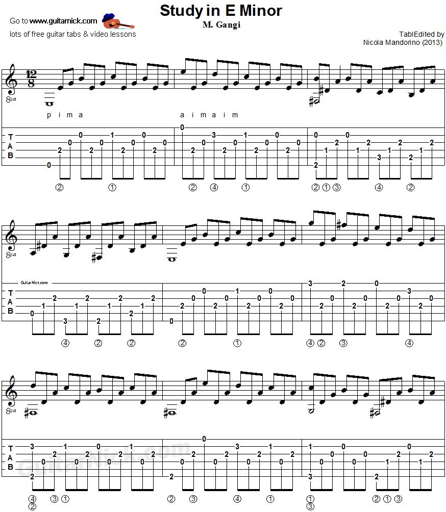 Study in E Minor (Gangi) - guitar tablature, sheet 1