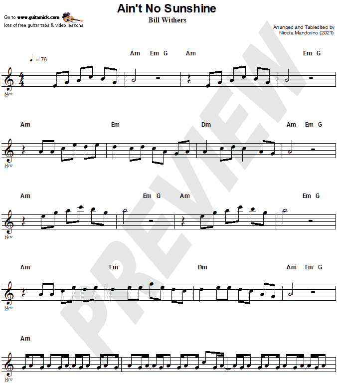 Ain't No Sunshine, Bill Withers | Easy Guitar Sheet Music