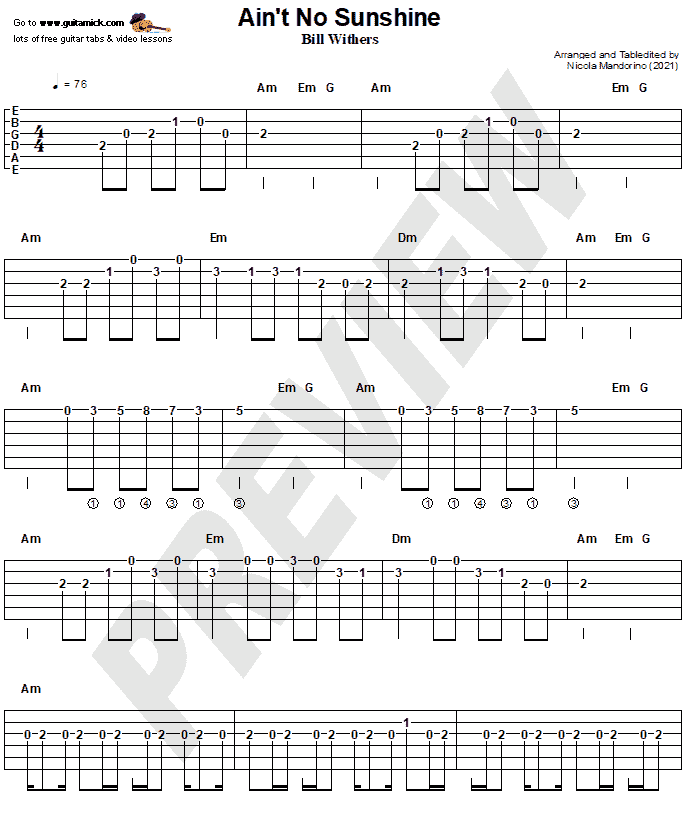 Ain't No Sunshine, Bill Withers | Easy Guitar Tab