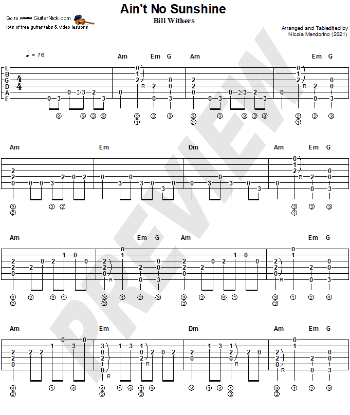 Ain't No Sunshine, Bill Withers Fingerstyle Guitar Tab