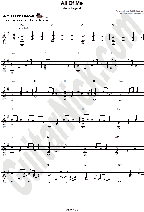 All Of Me - John Legend | Fingerstyle Guitar Sheet Music | PDF