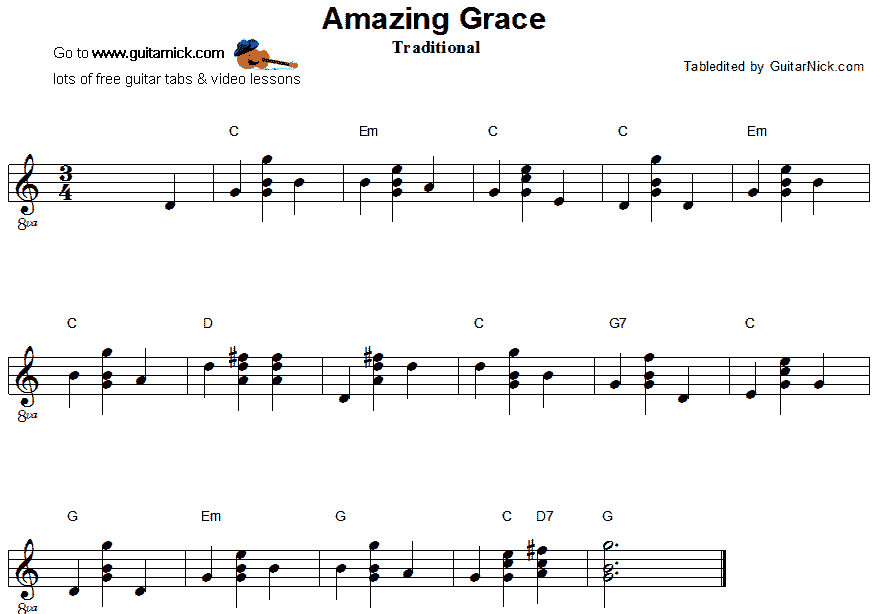 Amazing Grace - easy guitar chords sheet music