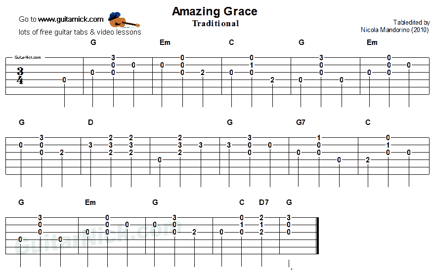 Amazing Grace - easy guitar chords tab