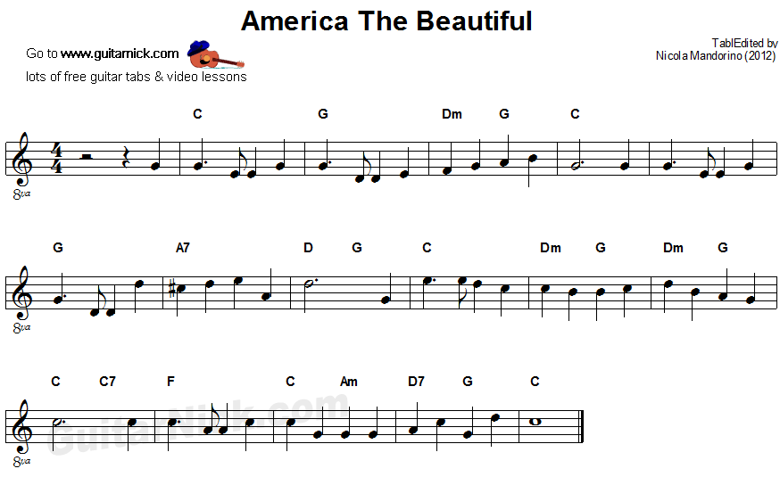 America The Beautiful - guitar sheet