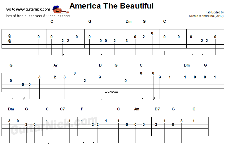 America The Beautiful -  guitar tablature