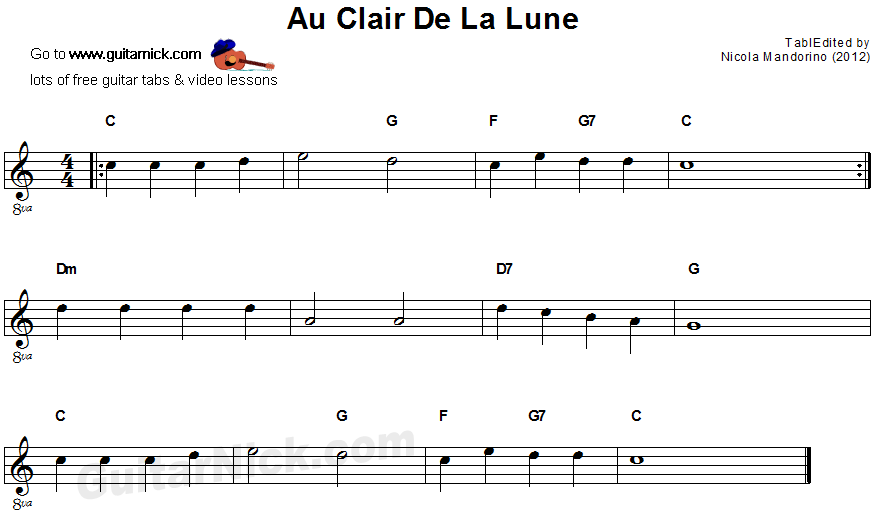 Au Clair De La Lune - guitar sheet music