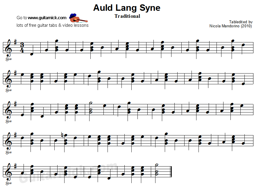 Auld Lang Syne: easy guitar sheet music