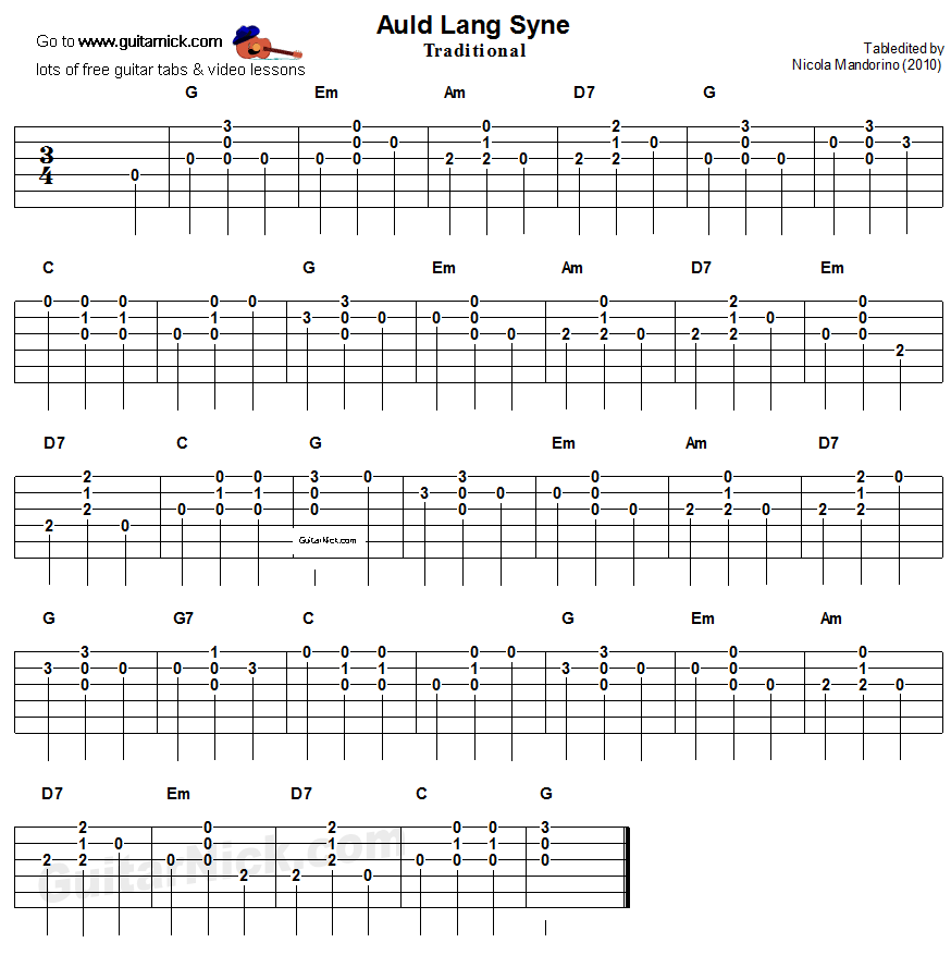 Auld Lang Syne: easy guitar tablature