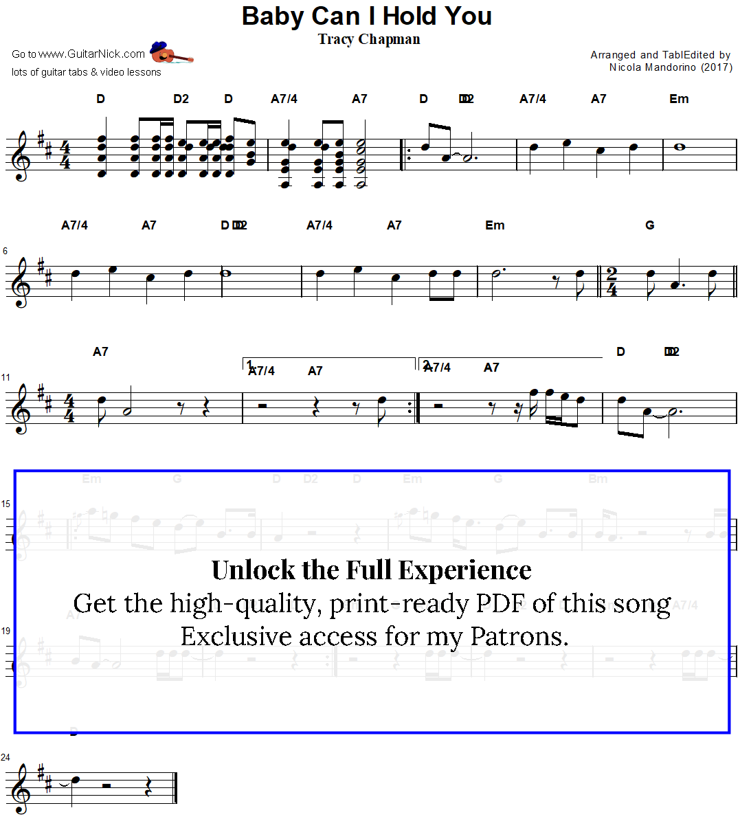Baby Can I Hold You by Tracy Chapman | Easy Guitar Sheet Music