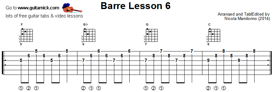 Barre chords guitar lesson 6 - tablature