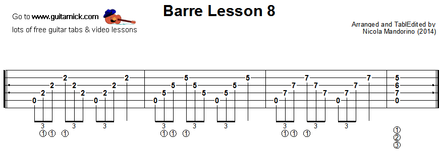 Barre chords guitar lesson 8 - tablature