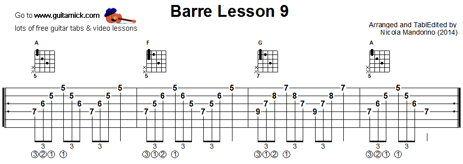 Barre chords guitar lesson 9 - tablature