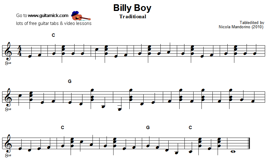 Billy Boy - easy guitar sheet music