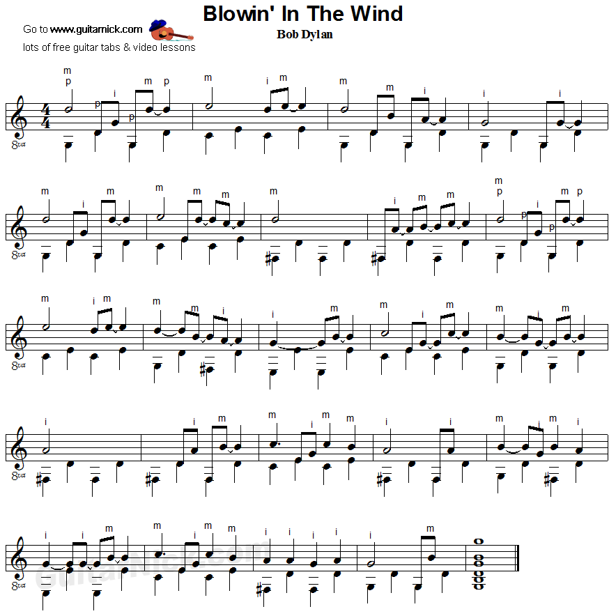 Blowin' in the Wind - Bob Dylan - fingerpicking guitar sheet music