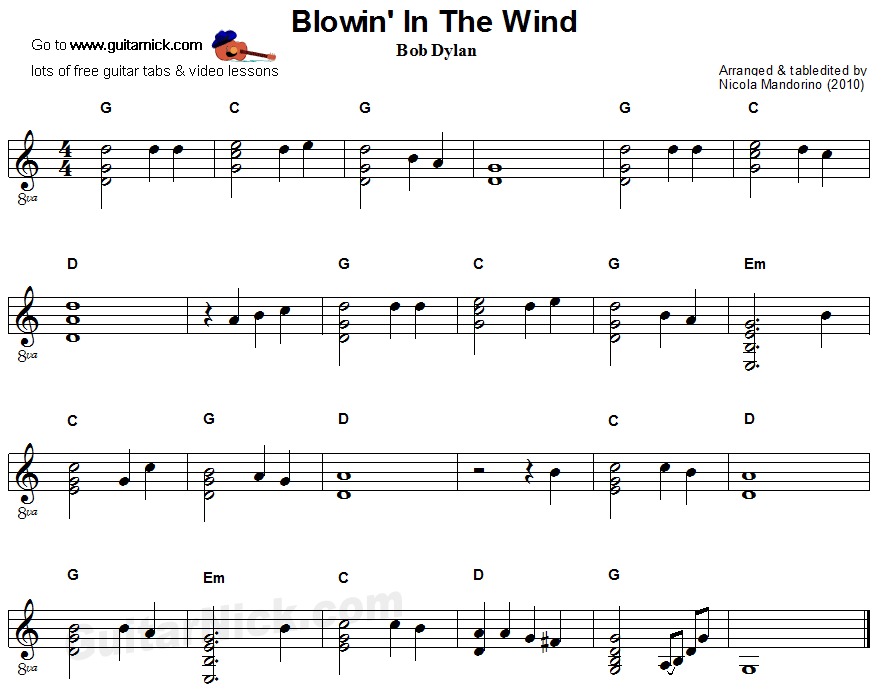 Blowin In The Wind - flatpicking guitar sheet music