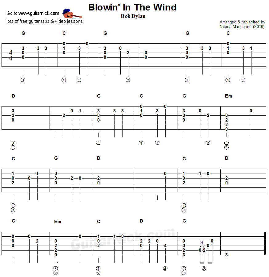 Blowin In The Wind - flatpicking guitar tablature