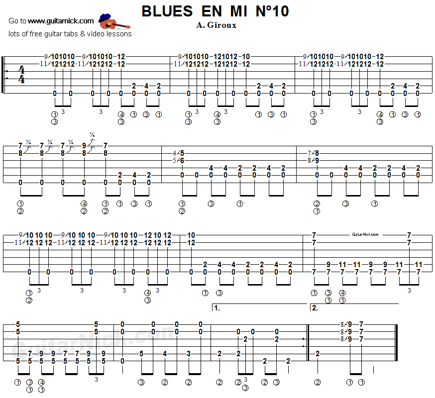 Blues en Mi n°10 - fingerstyle guitar tab