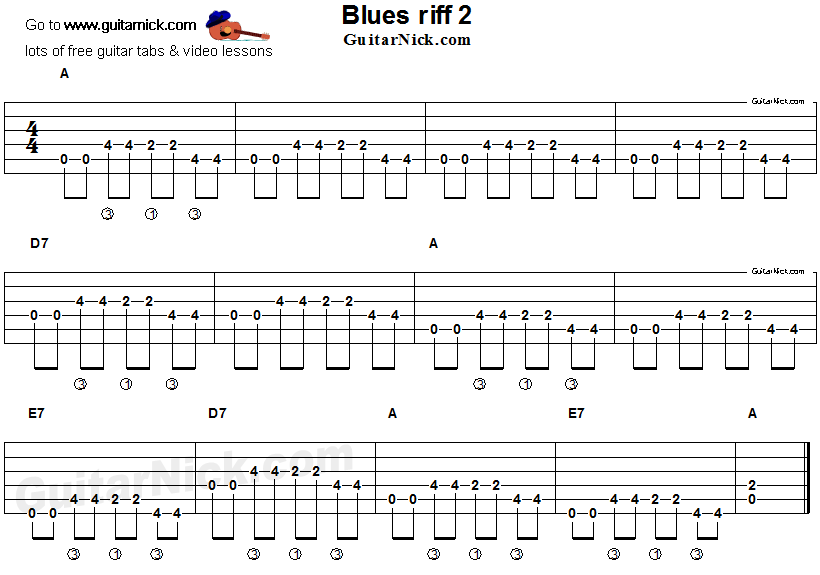 Acoustic flatpicking blues - guitar riff tab 2