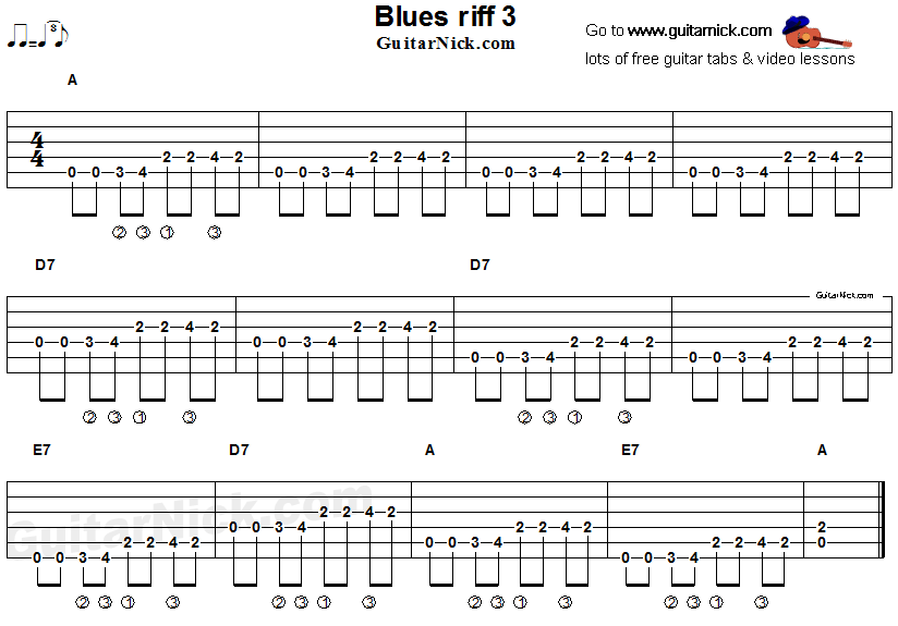 Acoustic flatpicking blues - guitar riff tab 3