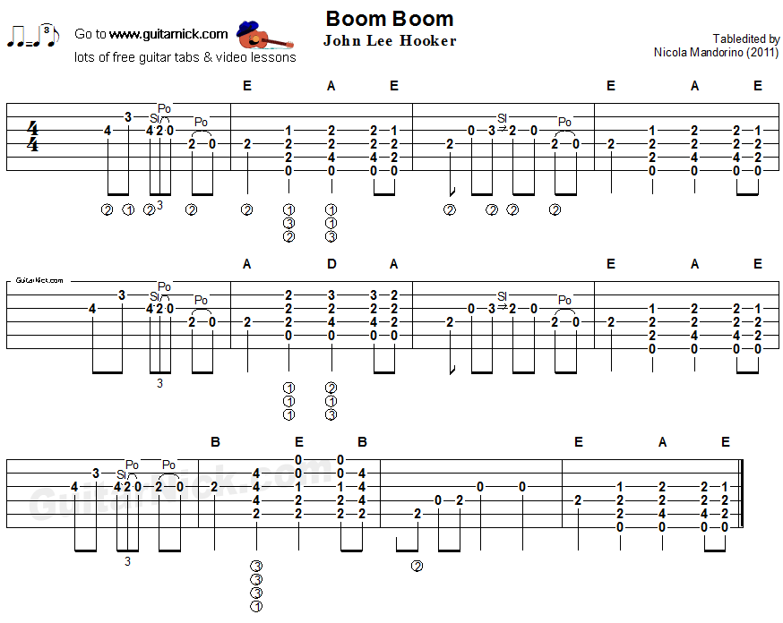 Boom Boom, John Lee Hooker - flatpicking blues tab