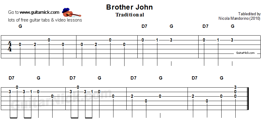 Brother John: easy guitar tablature