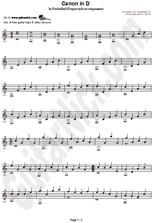 Canon In D by Pachelbel - Fingerstyle Guitar Sheet Music