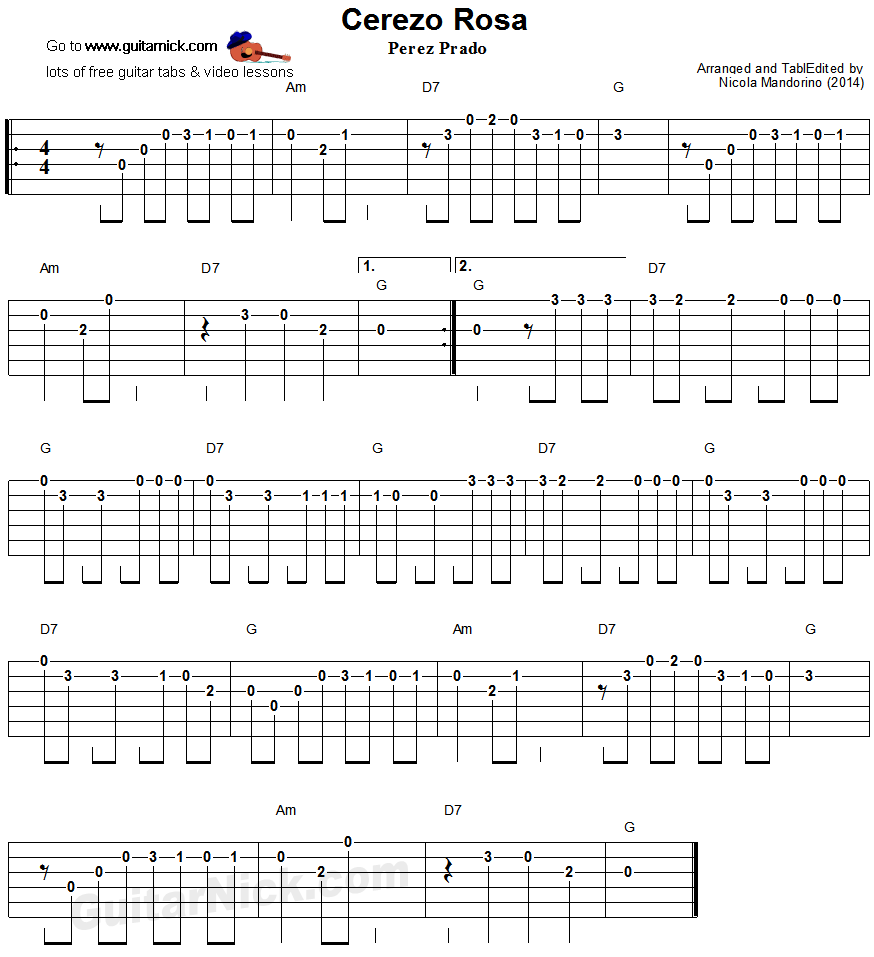 Cerezo Rosa: easy guitar tablature