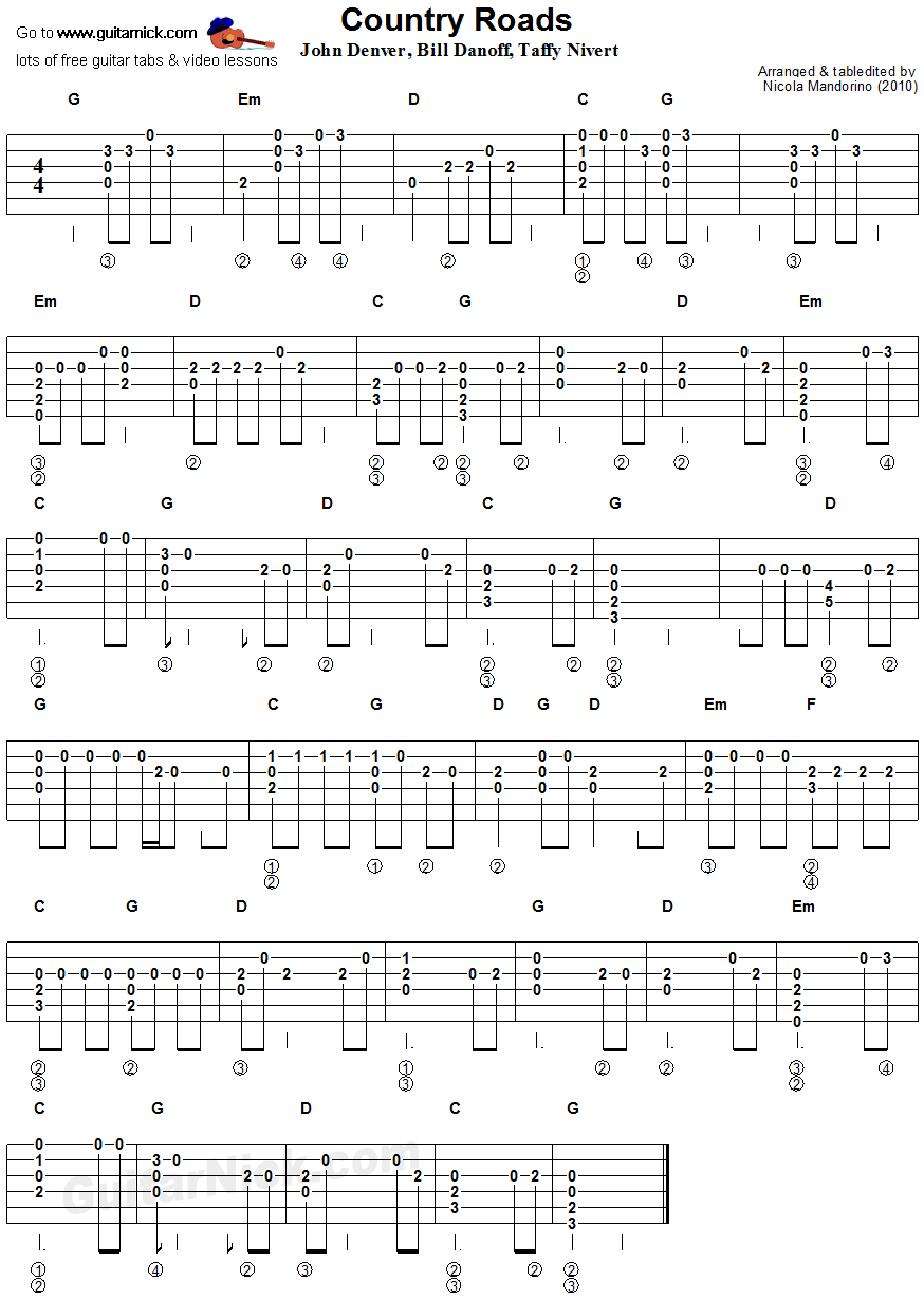 Country Roads - flatpicking guitar tablature