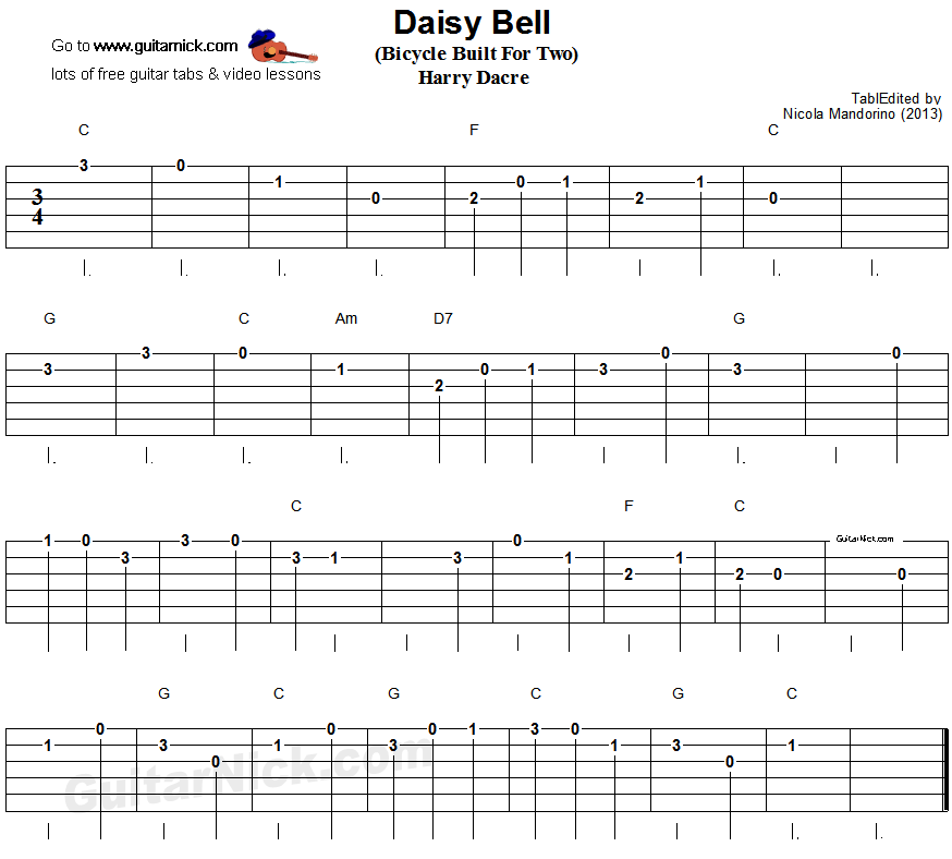 Daisy Bell (Bicycle Built For Two) - easy guitar tablature
