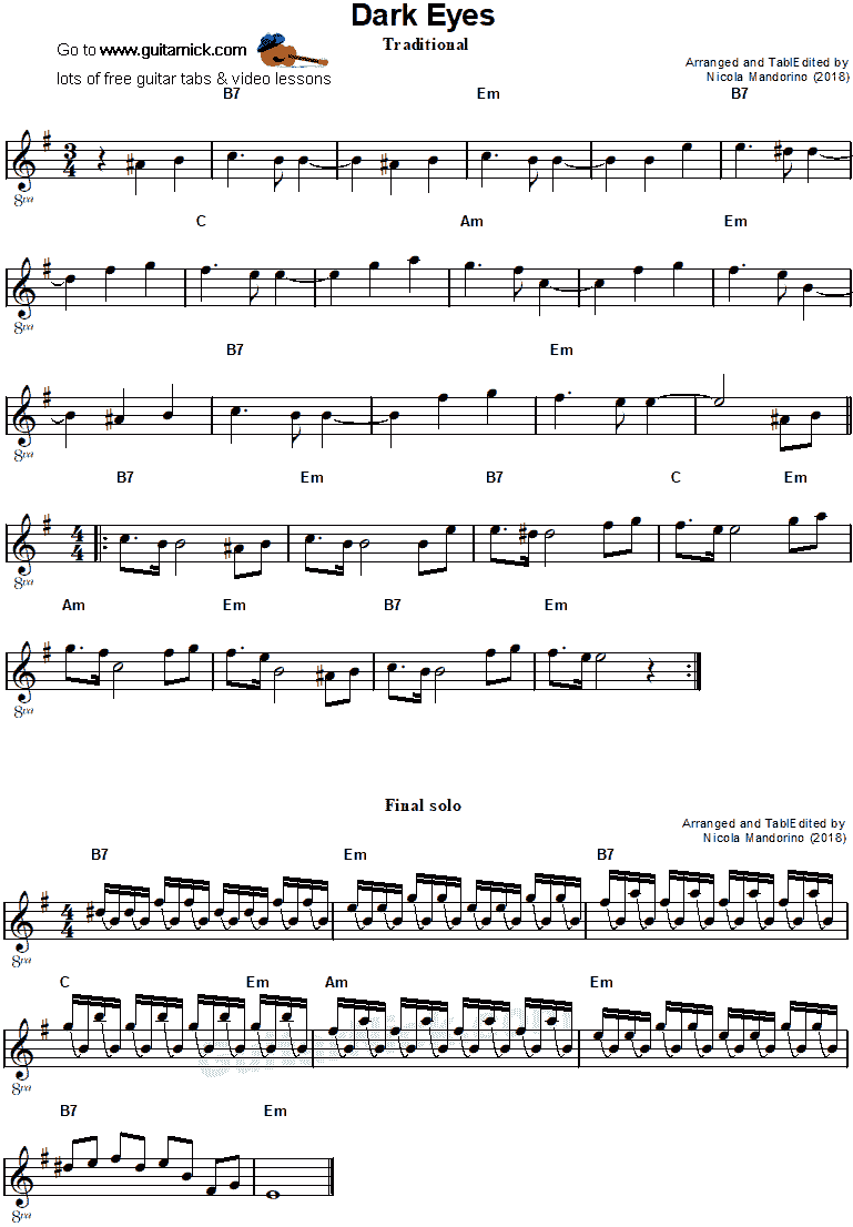 Dark Eyes - easy guitar sheet music
