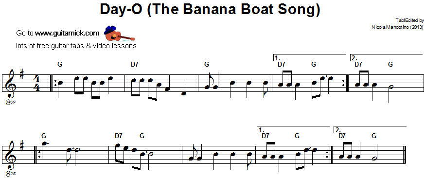 The Banana Boat Song - easy guitar sheet music