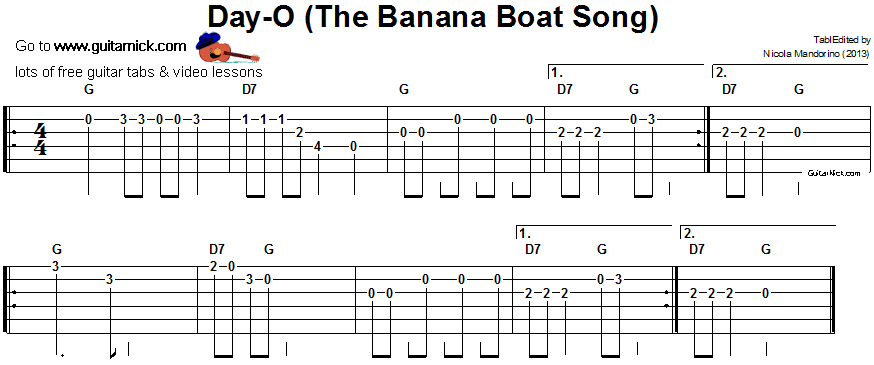 The Banana Boat Song - easy guitar tablature