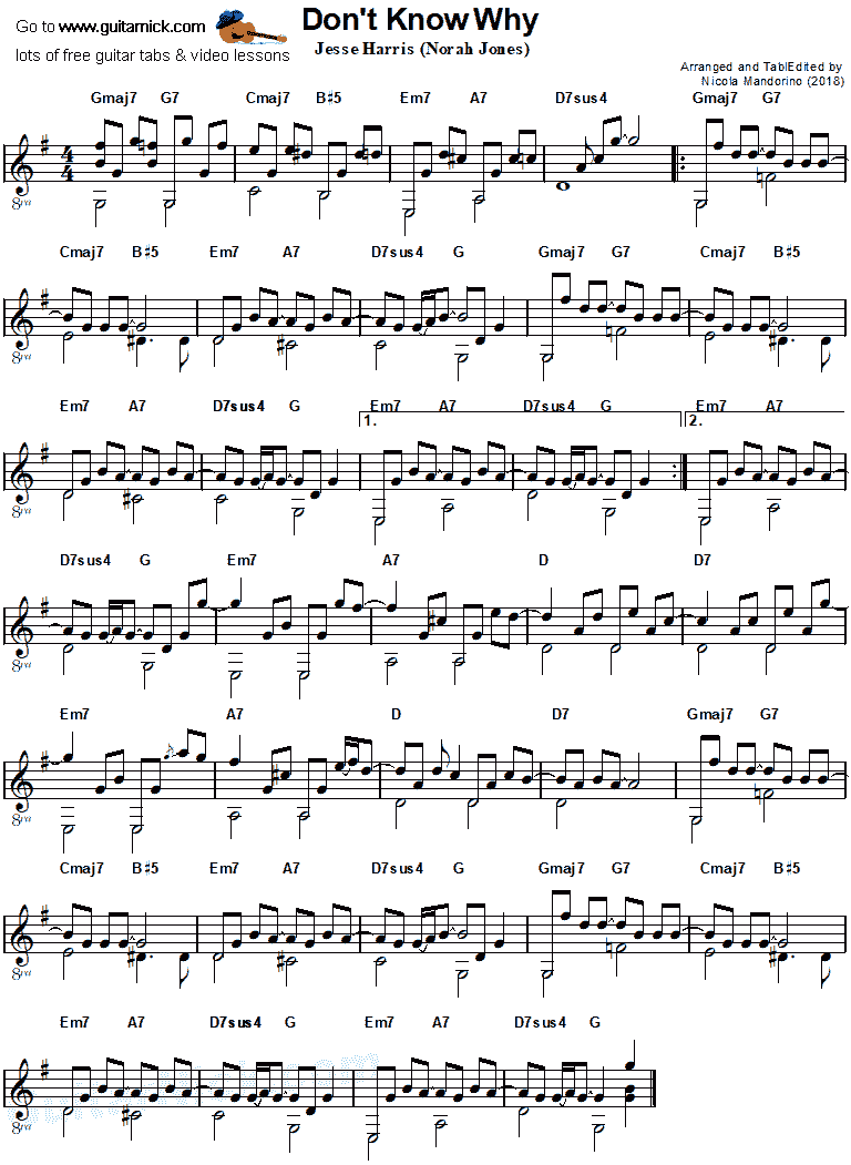 Don't Know Why - fingerstyle guitar sheet music