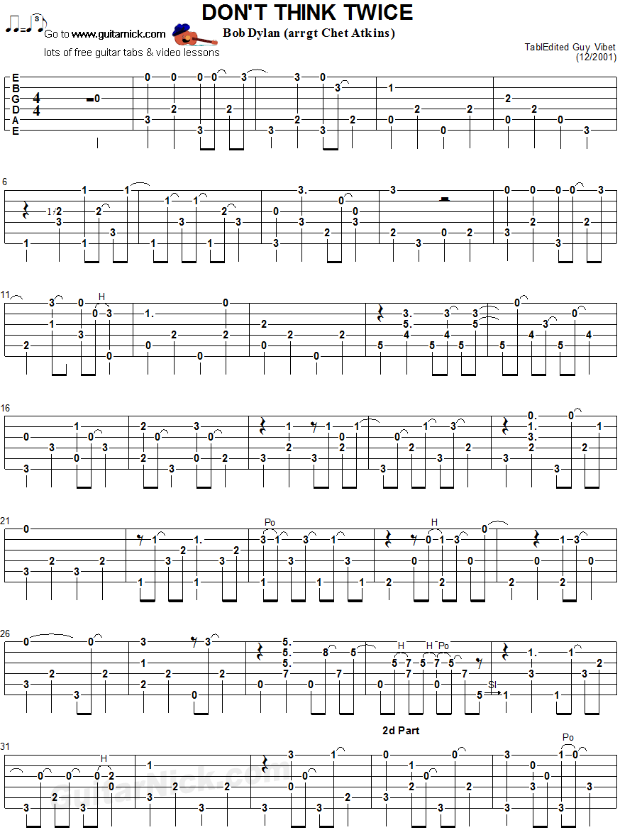 Don't Think Twice - fingerstyle guitar tab 1
