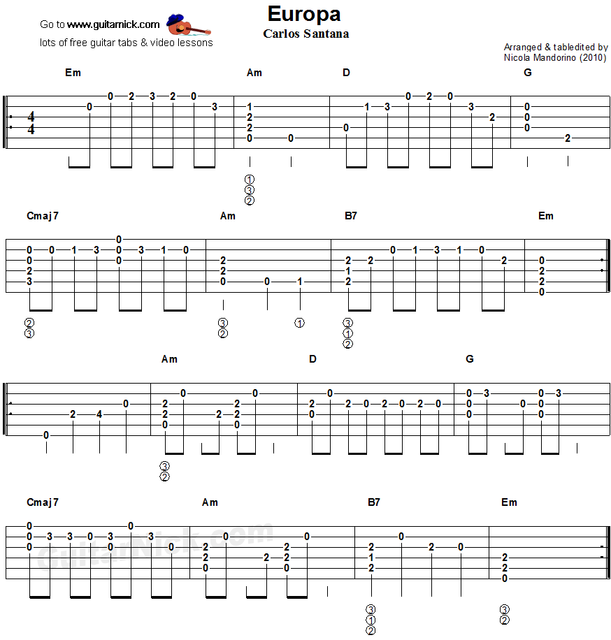 Europa - flatpicking guitar tablature