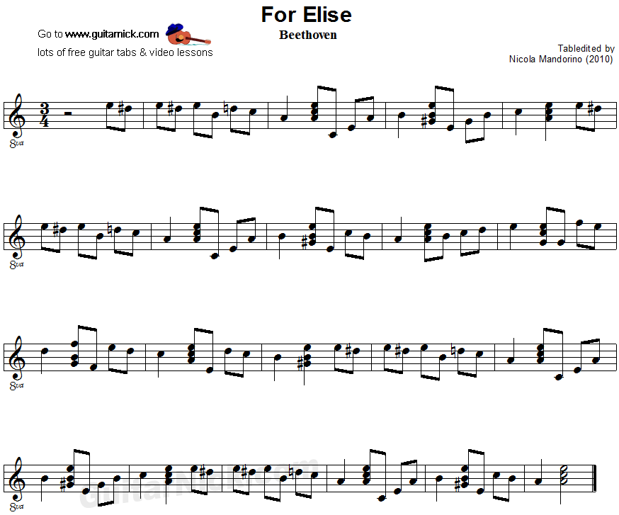 For Elise: easy guitar sheet music