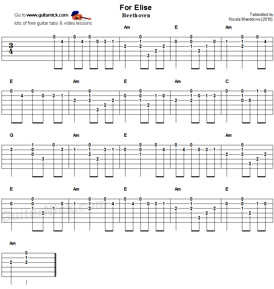 For Elise: easy guitar tablature