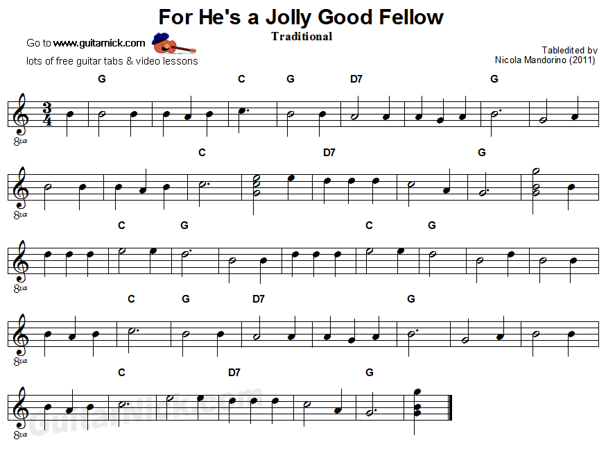 For He's a Jolly Good Fellow: easy guitar sheet music