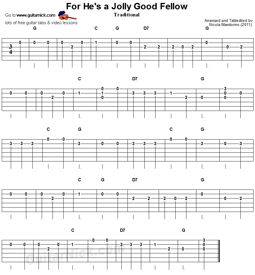 For He's a Jolly Good Fellow: easy guitar tab