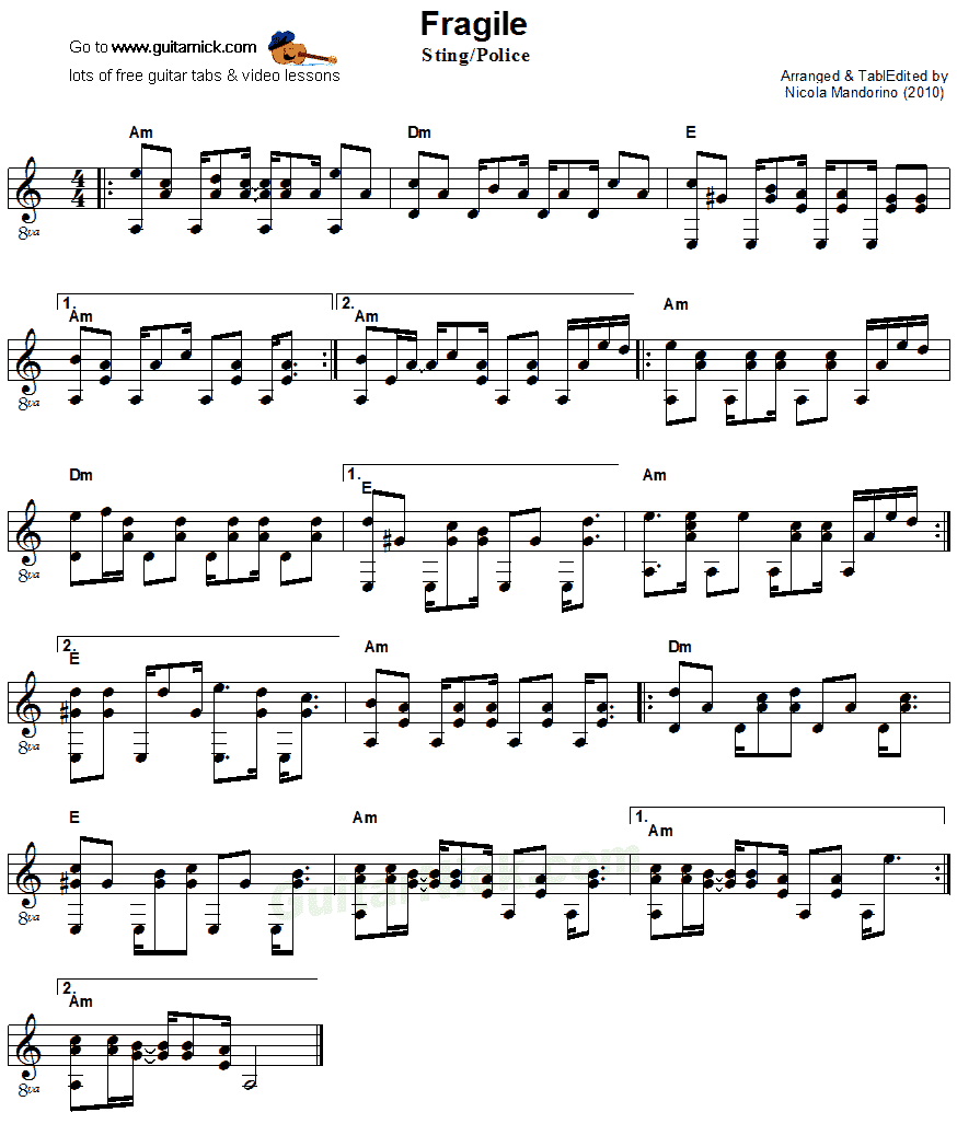 Fragile, Sting - fingerstyle guitar sheet music