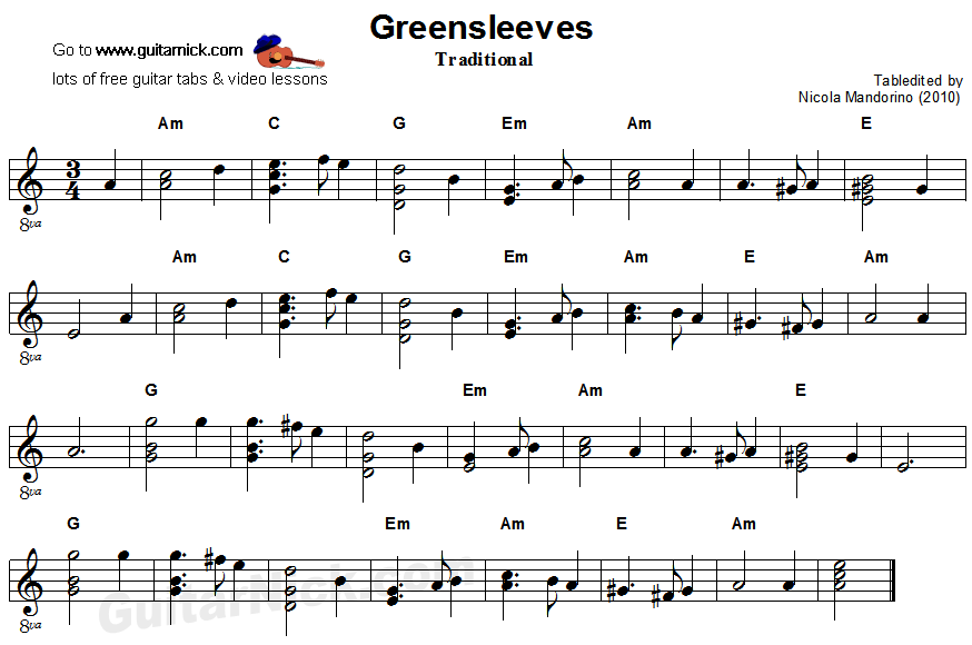 Greensleeves: easy guitar sheet music