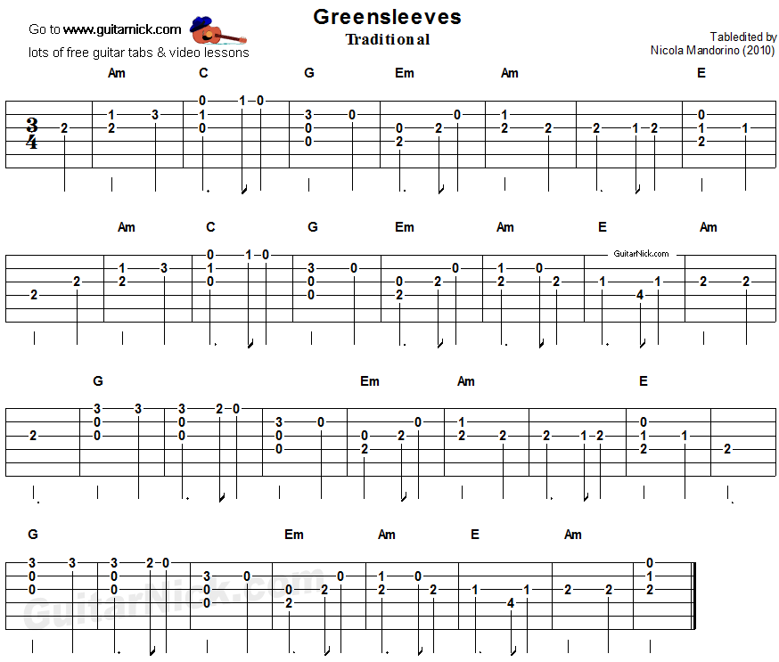 Greensleeves: easy guitar tablature