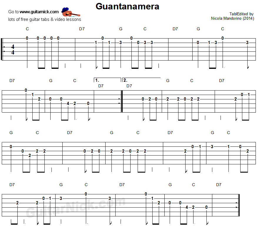 Guantanamera: easy guitar tablature