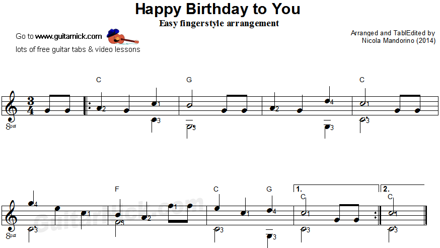 Happy Birthday to You: fingerstyle guitar sheet music