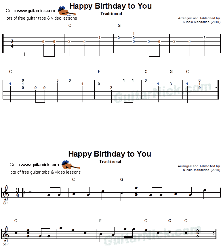 Happy Birthday - easy guitar tab-sheet