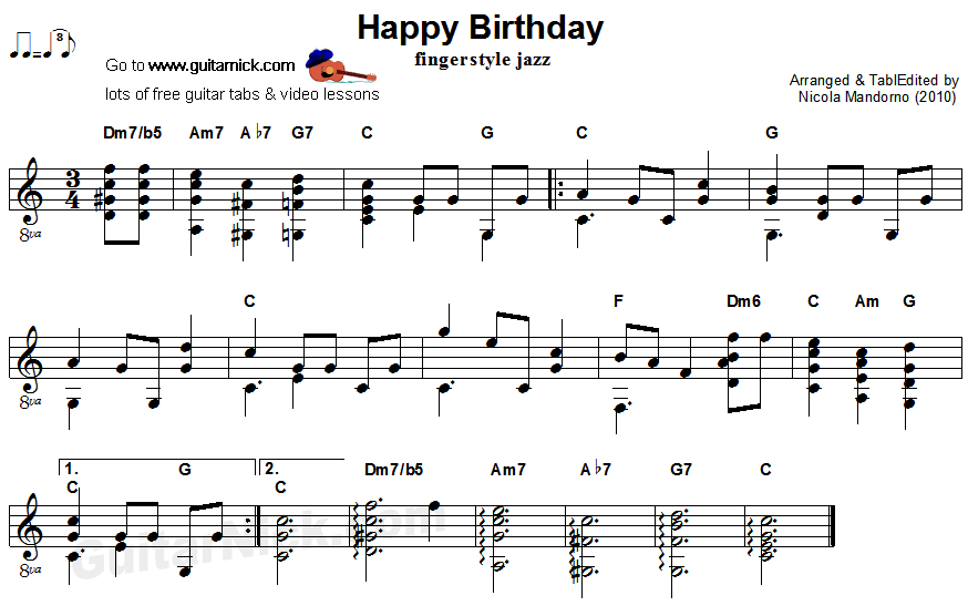 Happy Birthday - fingerstyle jazz guitar sheet music